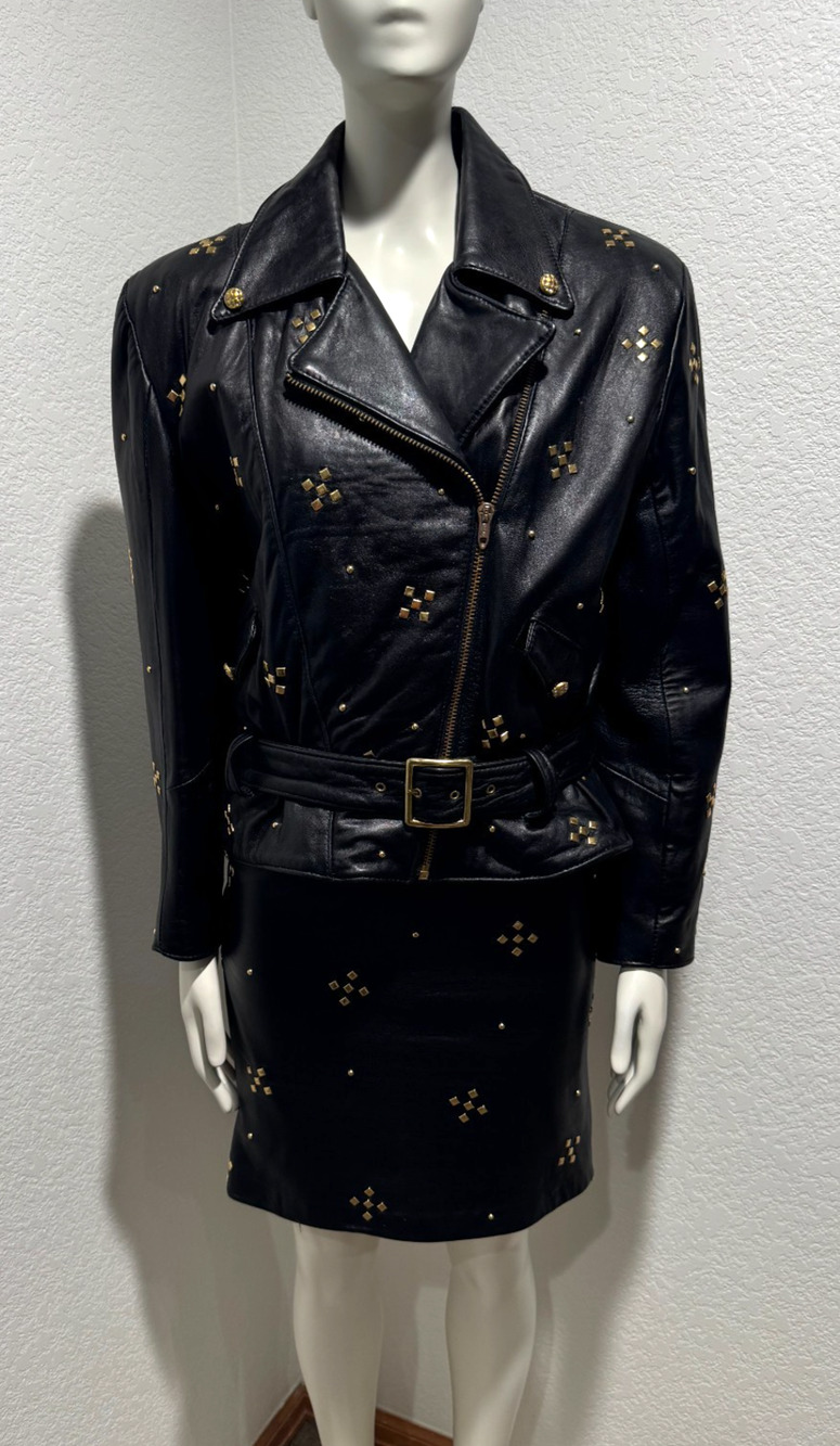 80s The Icing Black Leather Moto Jacket Skirt Set Sz S Gold Studs 2 Pc Rocker